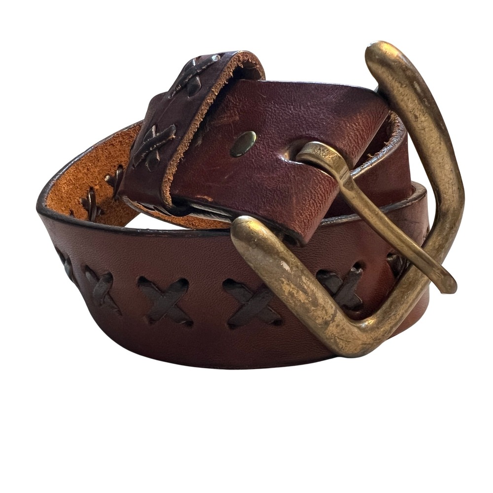 Sheplers Leather Western Belt Criss-Cross‎ Pattern Brass Buckle 1 5/8"x28 1/2"
